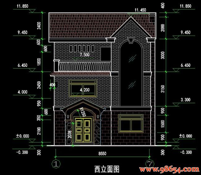 首层面积98平方米3层新农村独栋别墅方案正立面图