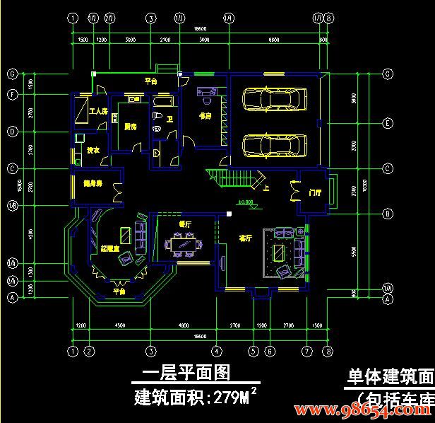 首层面积303平方米2层高级独立别墅施工图一楼平面图