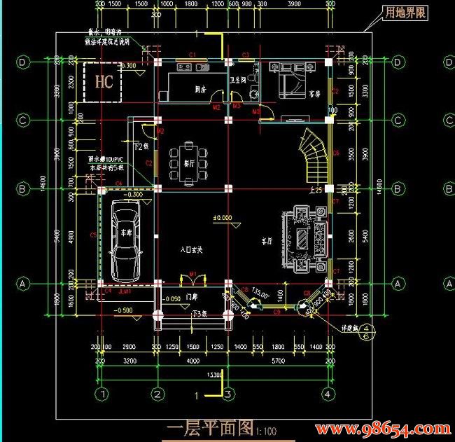 首层面积194平方米3层别墅建筑施工图一楼平面图