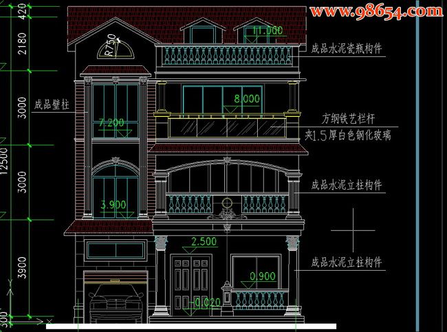 三层半5室2厅5卫别墅图纸正立面图