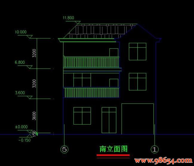 首层面积92平方米3层农村住宅施工图正立面图