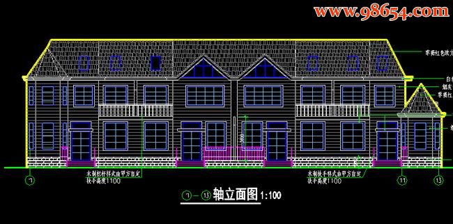 首层426平米四户两层排屋别墅平立剖面图1正立面图