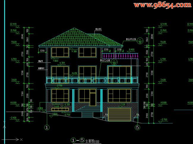 三层带地下室储藏室别墅设计图正立面图