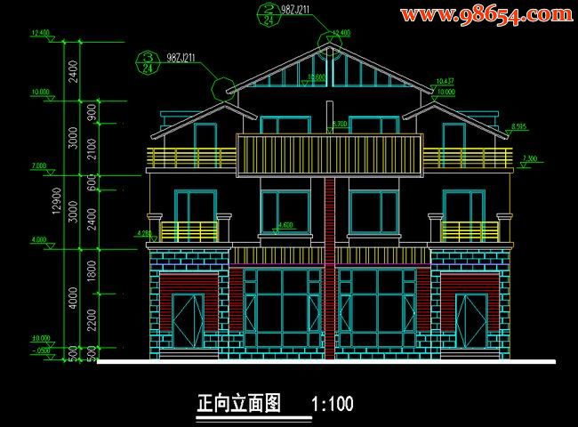 首层88平米3层双拼别墅设计图正立面图