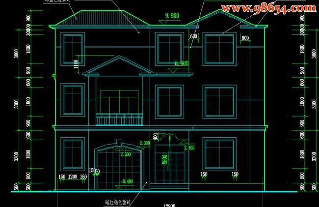 首层184平方米3层豪华别墅建筑图正立面图