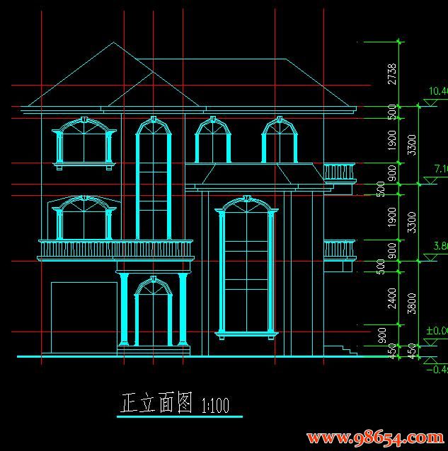 首层面积108平方米3层农村独栋自建别墅正立面图