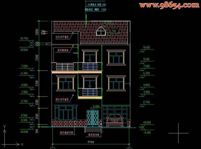 三层6室3厅4卫家庭别墅建筑图正立面图