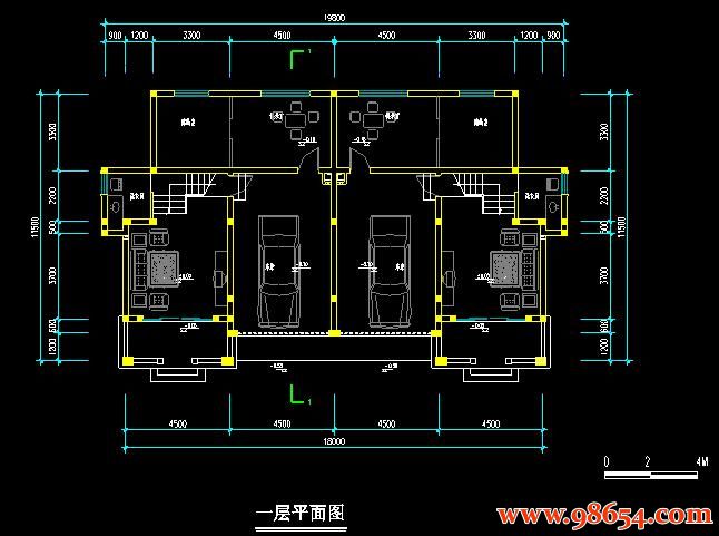 首层面积207平方米3层双拼山地别墅住宅方案图一楼平面图