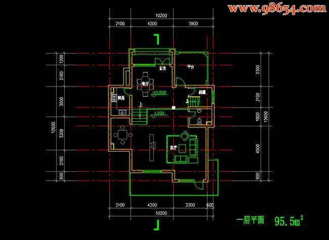 首层面积95平米三层独立别墅A施工图一楼平面图