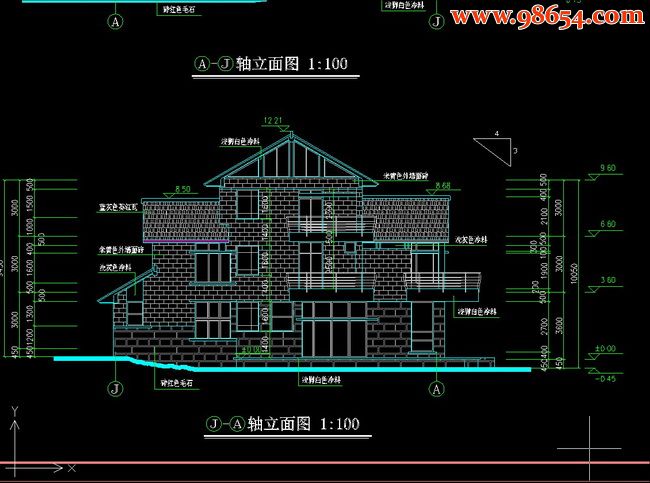 三层5室2厅5卫全套别墅建筑施工图正立面图