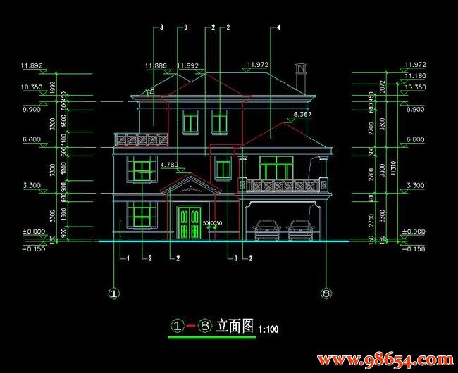 首层面积246平方米3层住宅设计施工图正立面图