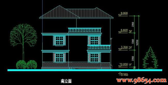 首层面积200平方米2层C型别墅施工图正立面图