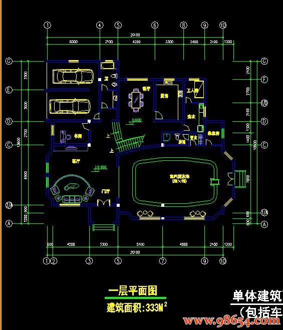 首层面积373平方米3层独栋别墅施工图一楼平面图