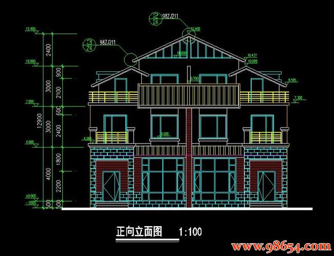 首层面积234平方米3层双拼别墅设计施工图正立面图