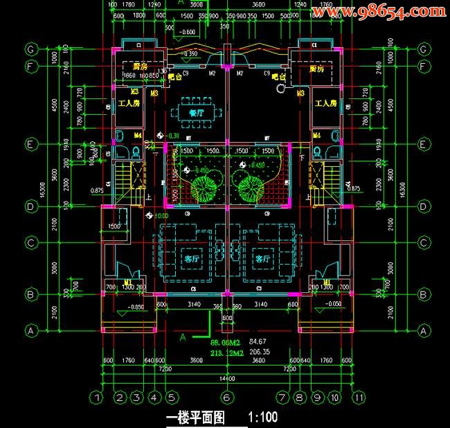 首层面积234平方米3层双拼别墅设计图一楼平面图