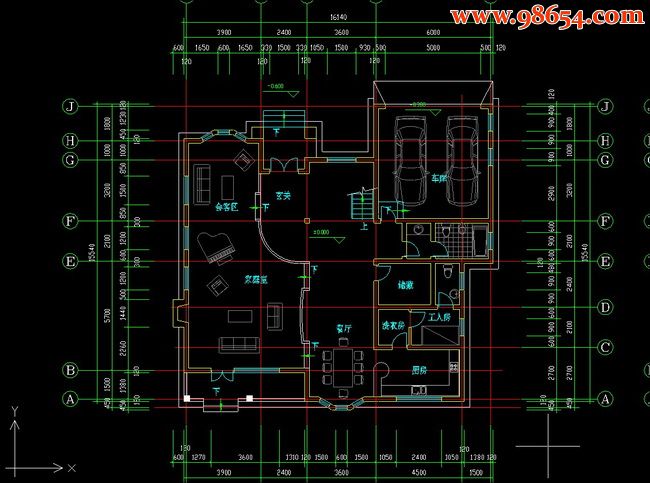 两层5室2厅4卫别墅建筑施工图（中）一楼平面图