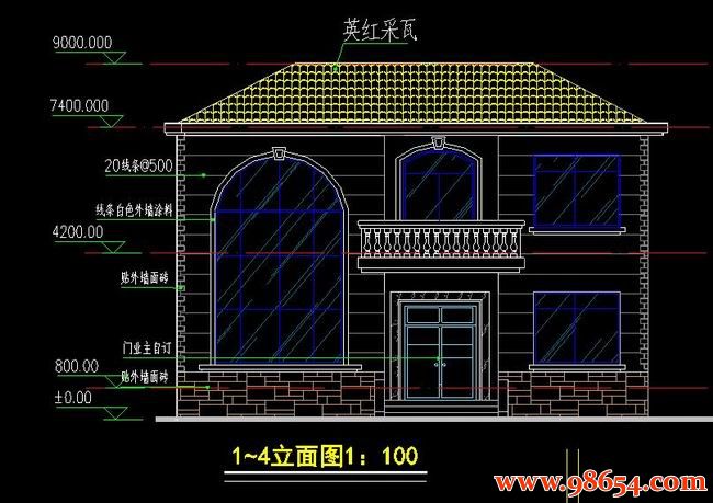 首层面积124平方米2层山西某农村别墅施工图正立面图