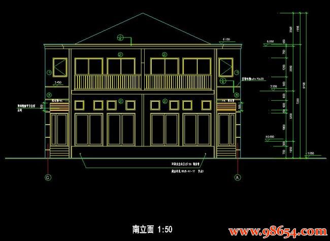 首层面积195平方米2层联体别墅建筑施工图正立面图