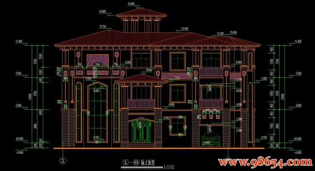 首层面积368平方米3层带车库带地下室别墅施工图正立面图