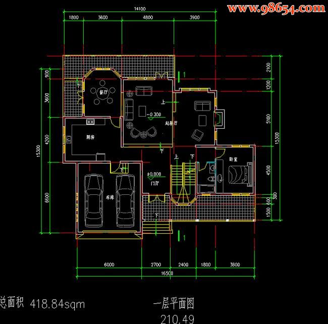 两层坡地独栋别墅方案设计一楼平面图