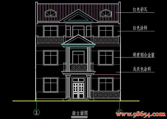 首层面积107平方米3层新农村独栋住宅设计规划正立面图