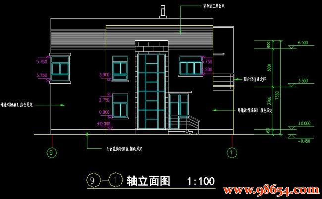 首层面积154平方米3层别墅施工图正立面图