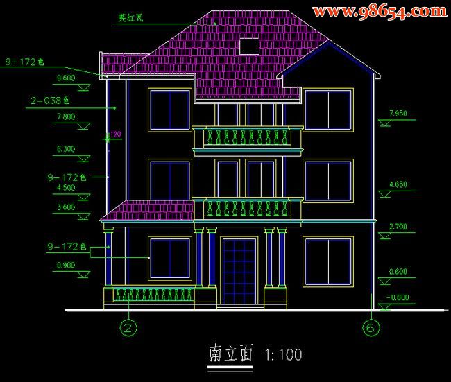 首层面积146平方米3层别墅建筑施工图正立面图