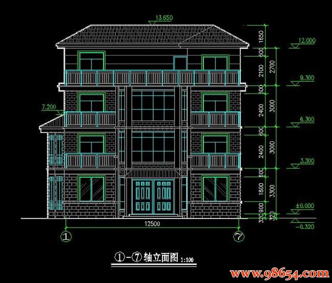 首层面积115平方米3层独栋别墅设计施工图正立面图