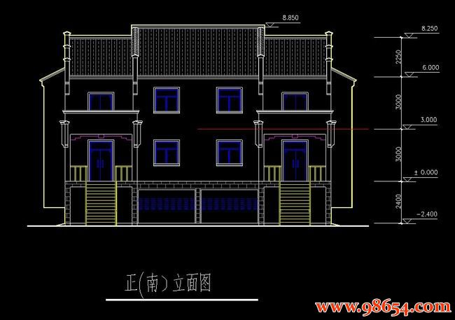 首层面积198平方米2层单套农村双拼别墅正立面图