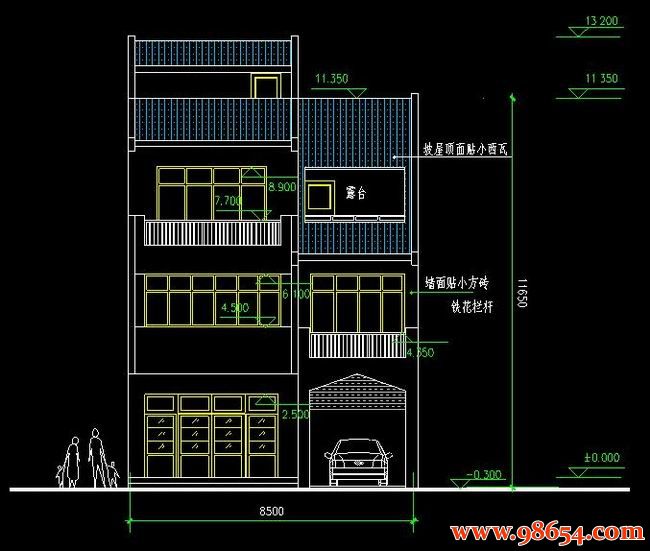 首层面积95平方米3层农村别墅建筑设计施工图正立面图