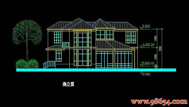 首层面积207平方米2层B9型别墅施工图正立面图