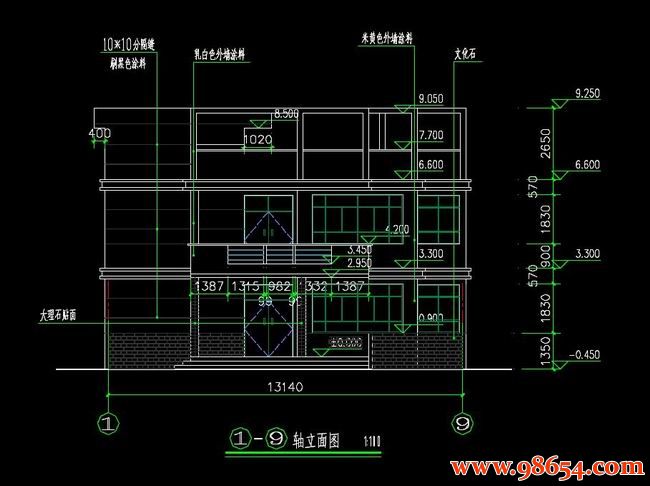  首层面积141平方米2层农村别墅建筑设计施工图正立面图