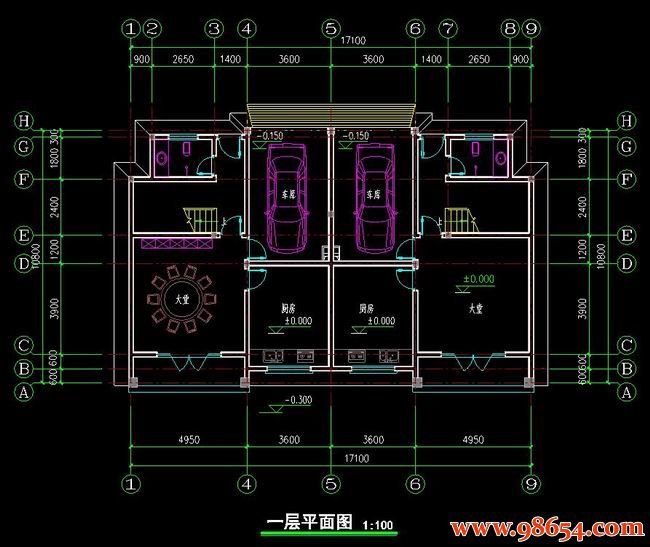 首层面积184平方米4层双拼别墅施工图一楼平面图