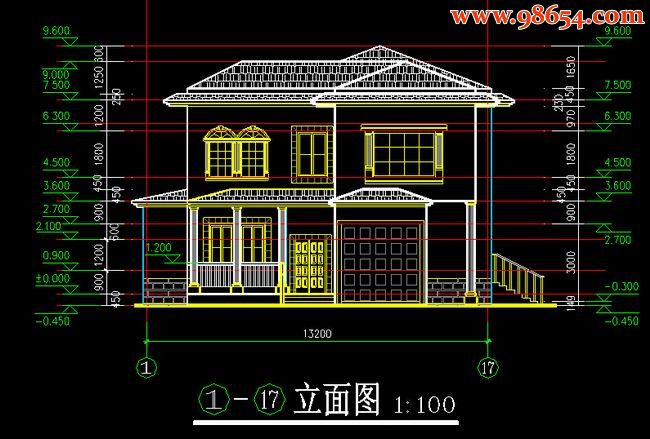 首层227平方米2层D型别墅全套建筑图正立面图