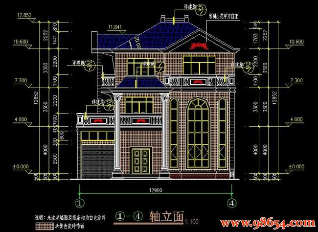 首层面积194平方米3层新农村独栋别墅全套施工图正立面图