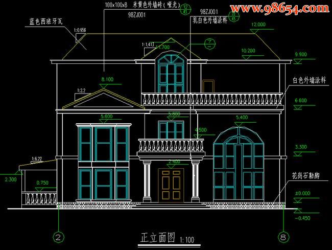 首层222平方米3层一套别墅的建筑施工图正立面图