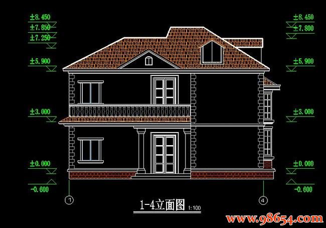 首层面积67平方米2层别墅建筑施工图正立面图