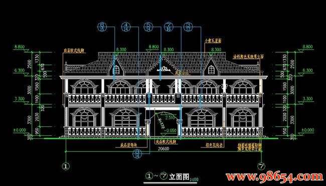 首层面积181平方米2层双拼别墅施工图正立面图