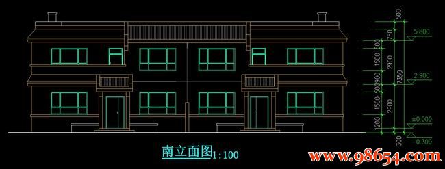  首层面97平方米两层农村联排别墅正立面图