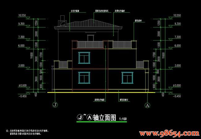 首层面积200平方米3层南方自建豪华别墅方案正立面图