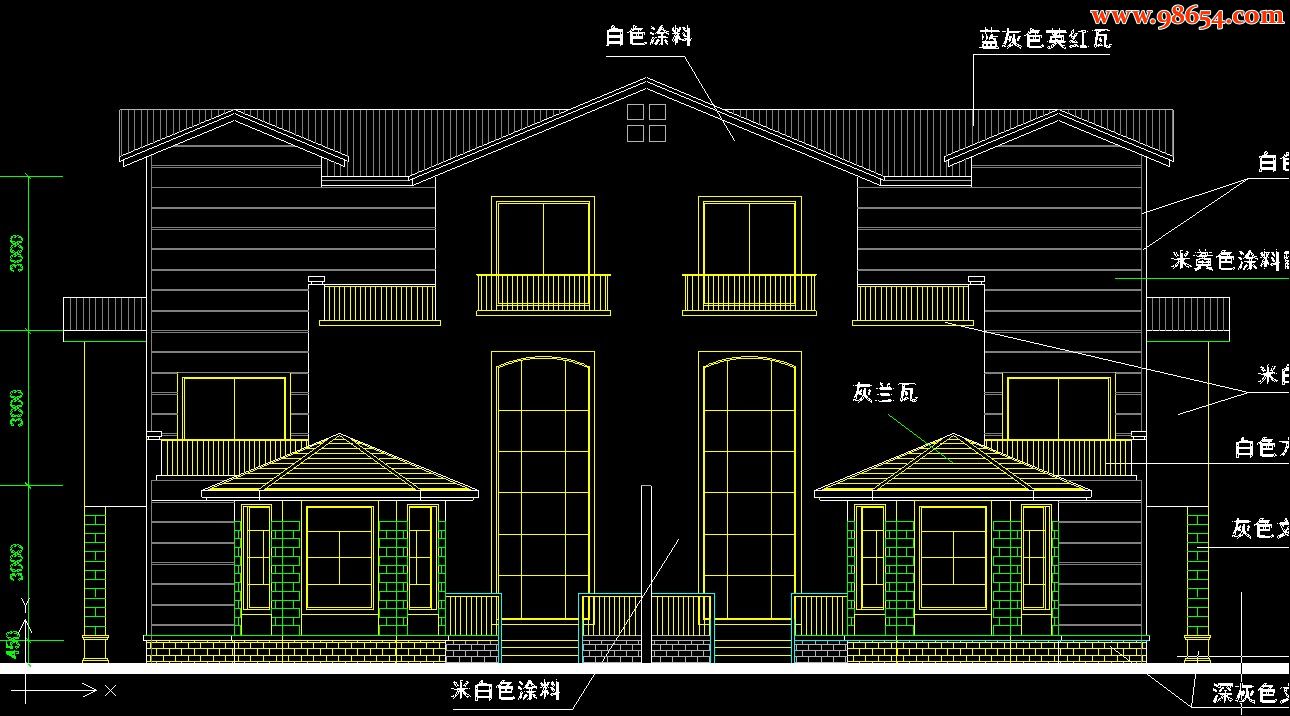 三层277平米双拼亭韵花园别墅设计B方案正立面图