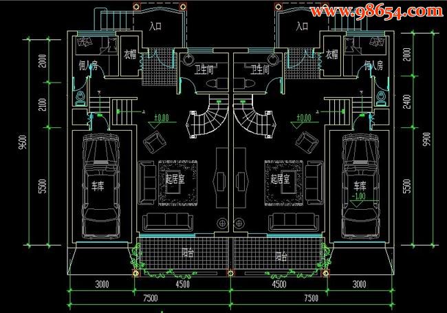 三层双拼别墅建施图 一楼平面图