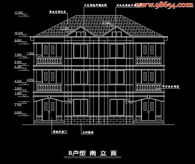 三层186平米双拼小型别墅建筑图正立面图