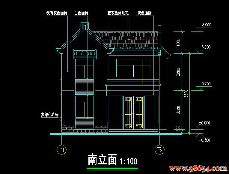 首层面积77平方米2层农村别墅设计施工图正立面图