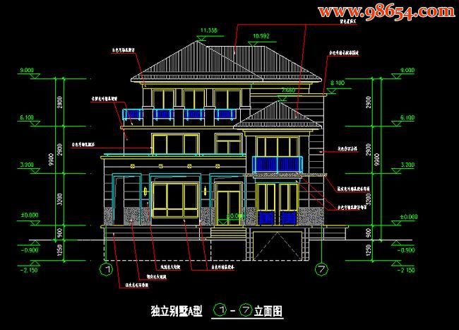 首层面积148平方米3层独立A型别墅施工图正立面图