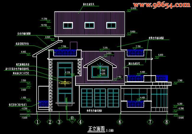 首层237平方米3层某别墅结构建筑图正立面图