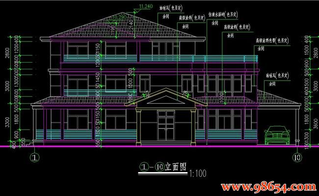 首层面积351平方米3层独栋休闲别墅施工图正立面图