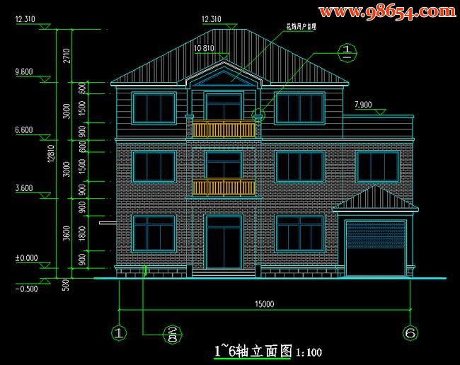 三层167平米农居房建筑方案正立面图