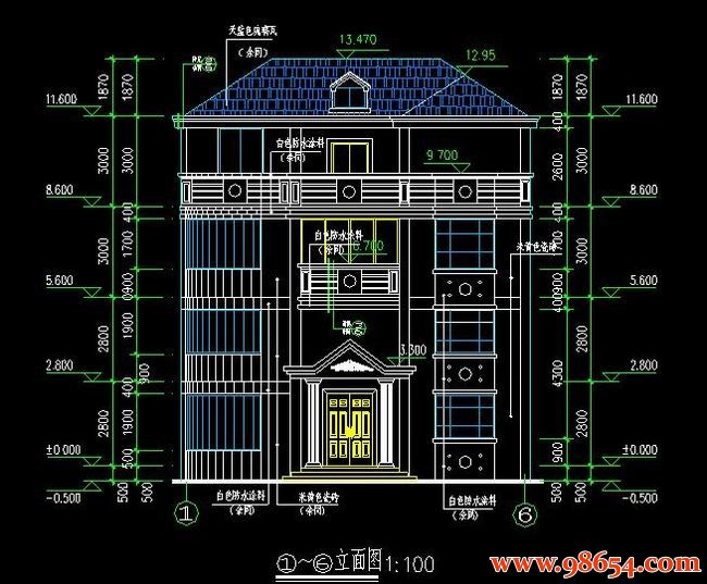 首层面积136平方米4层别墅全套设计图正立面图