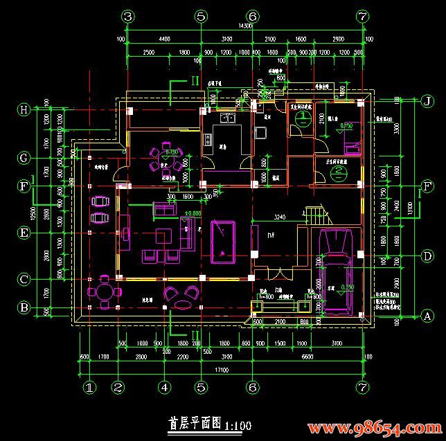 首层面积213平方米3层别墅建筑施工图一楼平面图